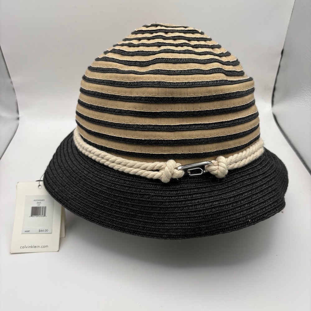 Calvin Klein Women's Striped Bucket Hat Black‎ Tan Rope Detail
